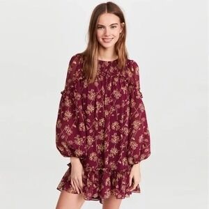 Cinq a Sept Zola Burgundy Floral Smocked Ruffle Balloon Sleeve Mini Dress 2